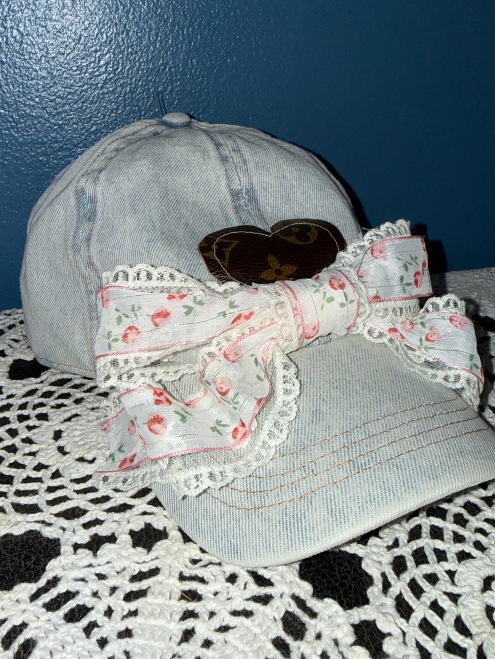 Floral Lace Bow Light Denim Baseball Cap with Louis Vuitton Leather Heart Accent